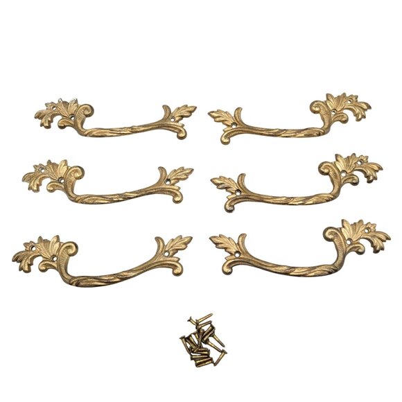 French Provencial Cast Brass Drawer Pulls Floral Design Set of 6 England Salvage - Picture 1 of 7